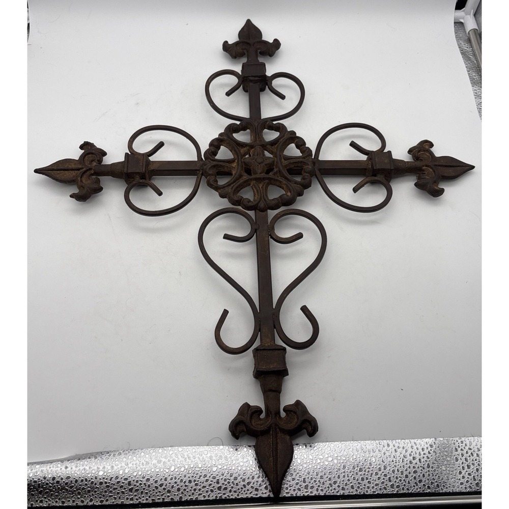 Vintage Large Metal Cross Wall Hanging Fleur de Lis 19" x 22.5" Garden Home